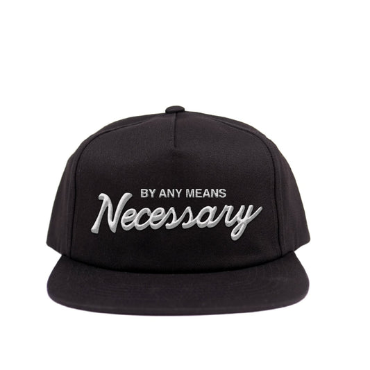 Black snapback hat with By Any Means above the word Necessary, embroidered.  