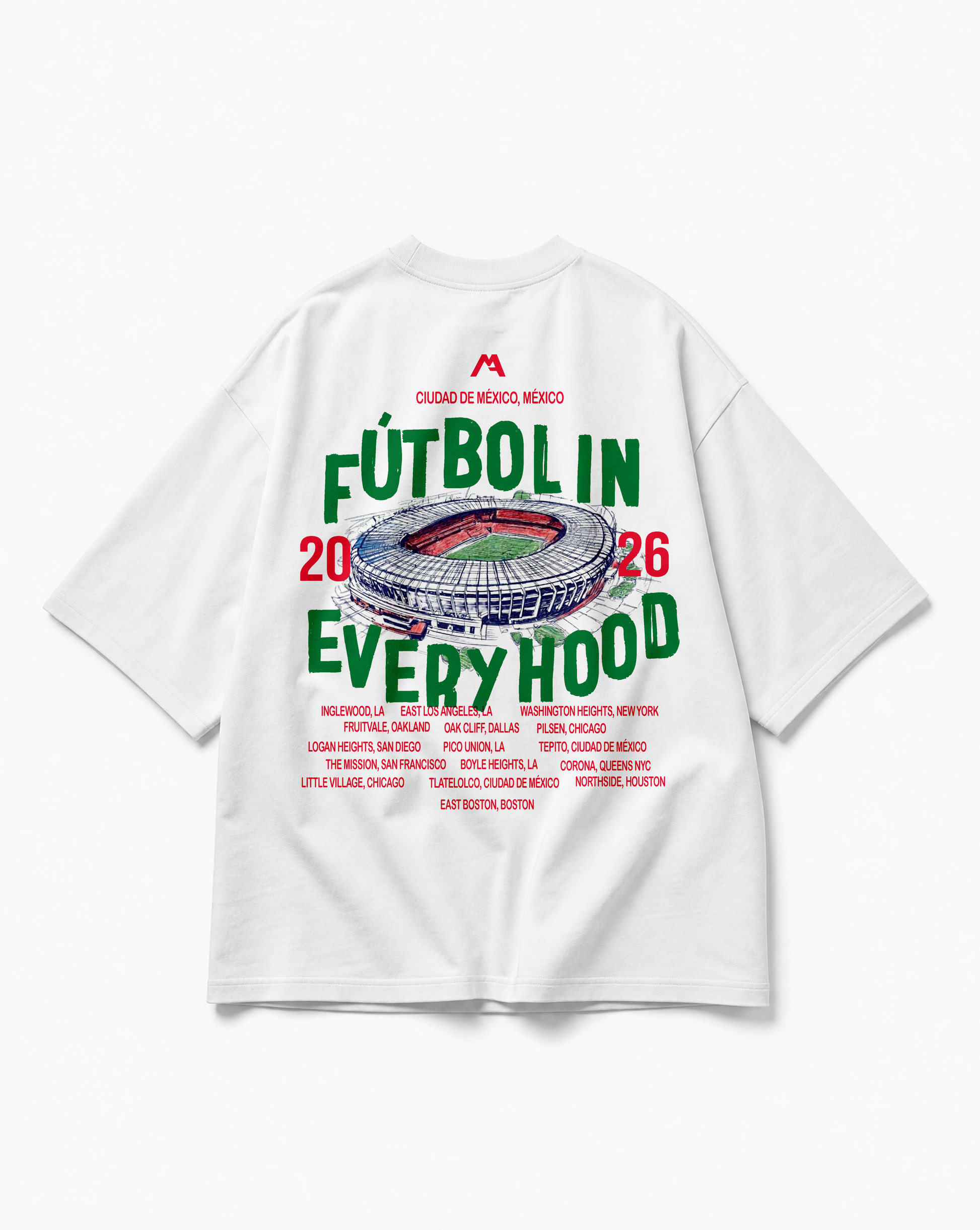White t-shirt with colorful graphic design on the back featuring a stadium and text.