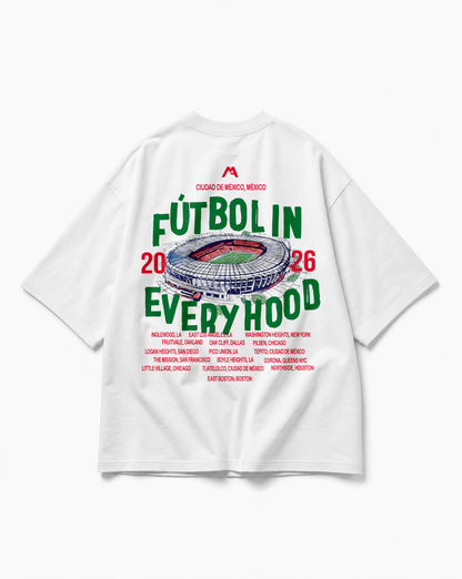White t-shirt with colorful graphic design on the back featuring a stadium and text.
