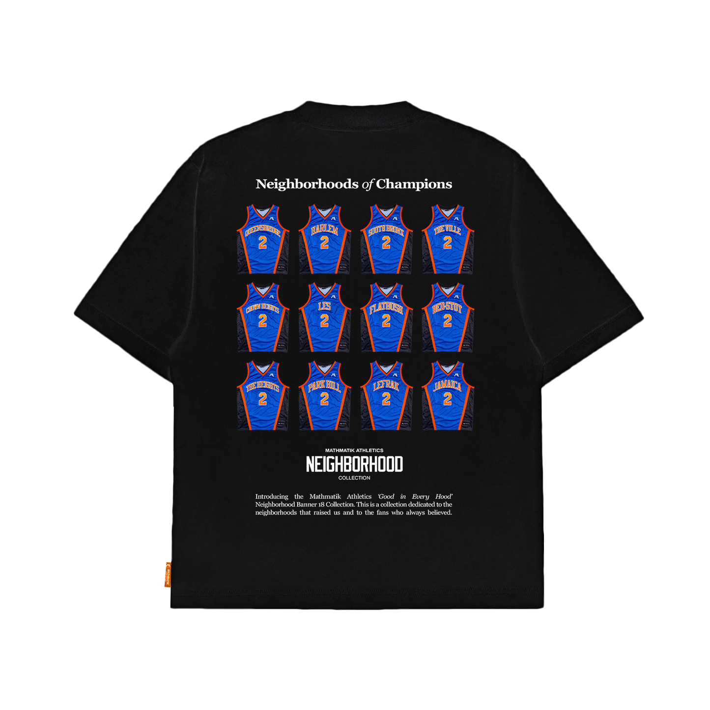 Black t-shirt with blue basketball jerseys and 'Neighborhood' branding on a white background