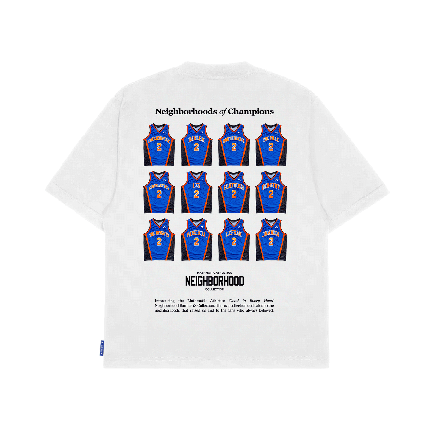 White t-shirt with blue basketball jerseys and text on a white background