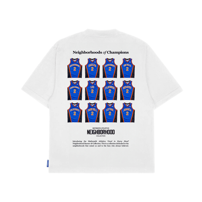 White t-shirt with blue basketball jerseys and text on a white background