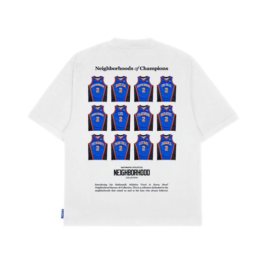 White t-shirt with blue basketball jerseys and text on a white background